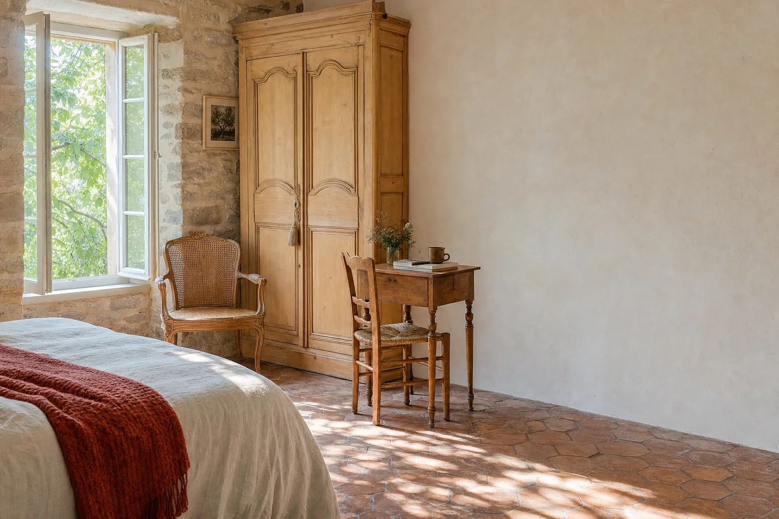 La chambre le Figuier, tomettes anciennes et armoire de bois clair sous la lumière filtrée par le figuier