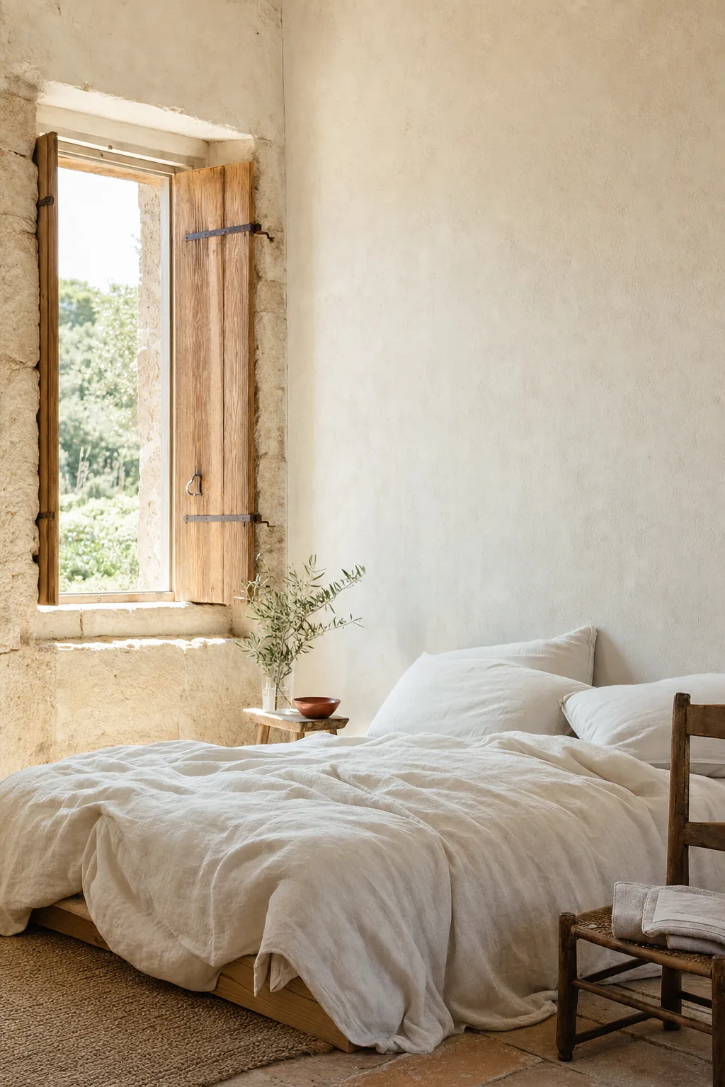 Lit habillé de lin dans la chambre l’Ombelle, la lumière de fin d’après-midi passant par les volets entrouverts