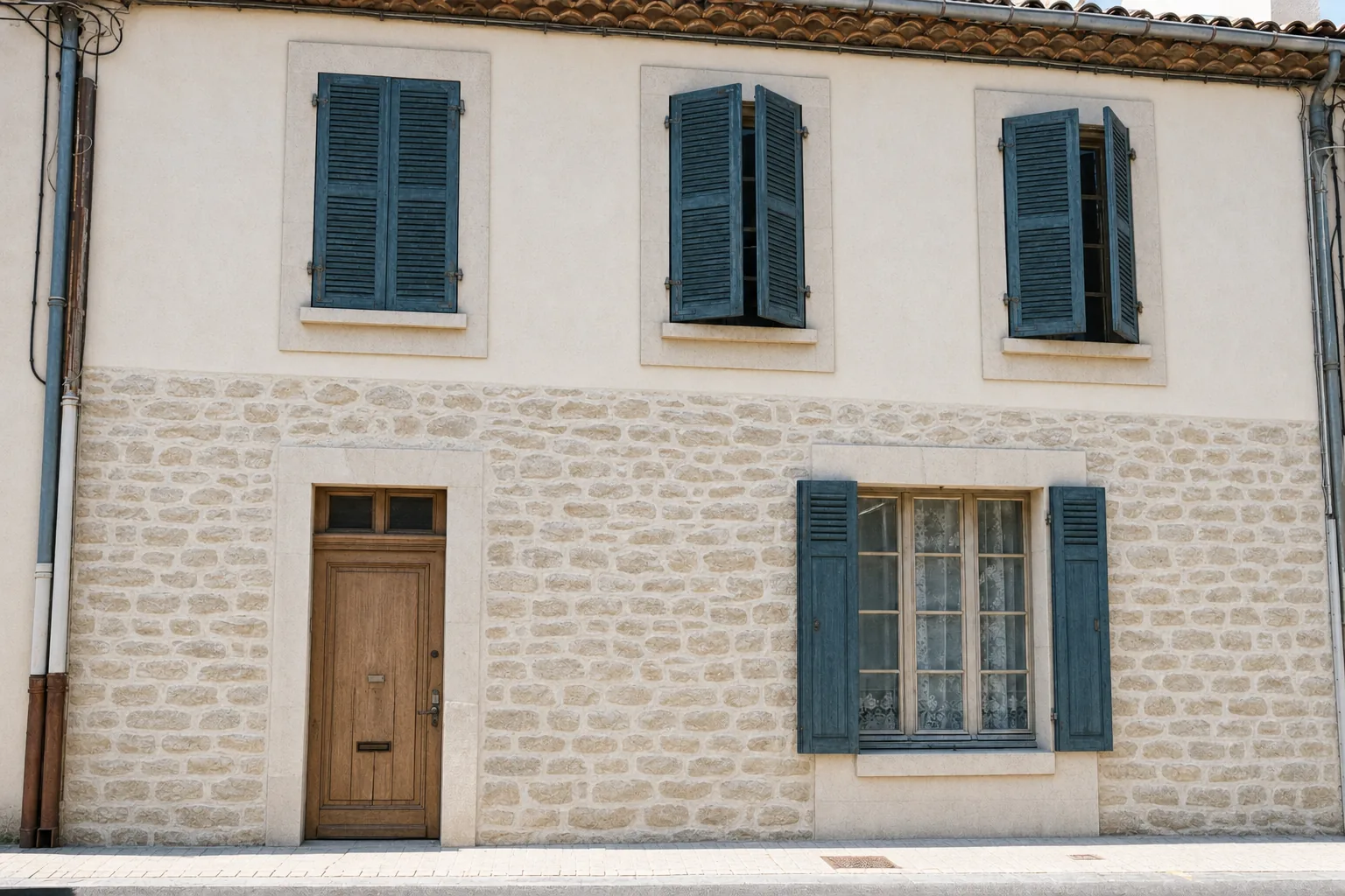 Façade de maison de village restaurée : moellons rejointoyés à la chaux, encadrements en pierre de taille et enduit à la chaux sur l’étage