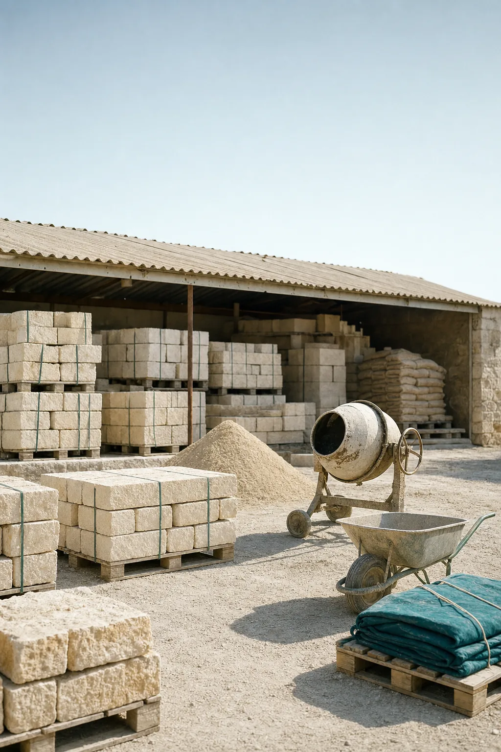 Dépôt de l’entreprise à l’aube : palettes de pierre calcaire, tas de sable lavé et bétonnière