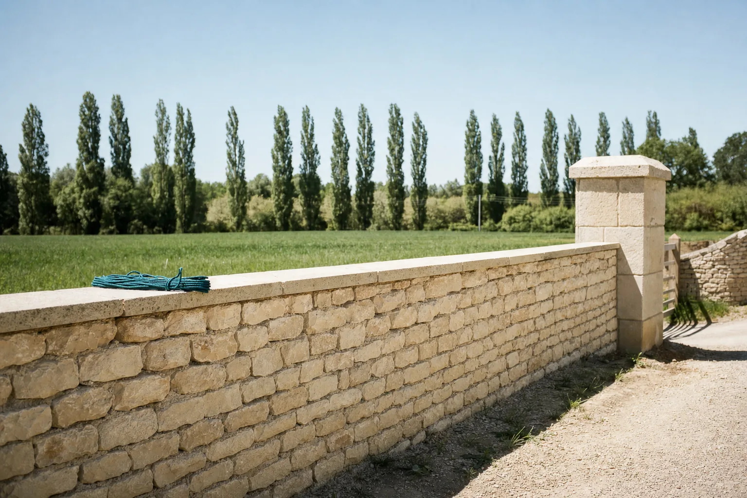 Mur de clôture en pierre calcaire appareillée, couvertines plates et pilier de portail, sous un soleil rasant