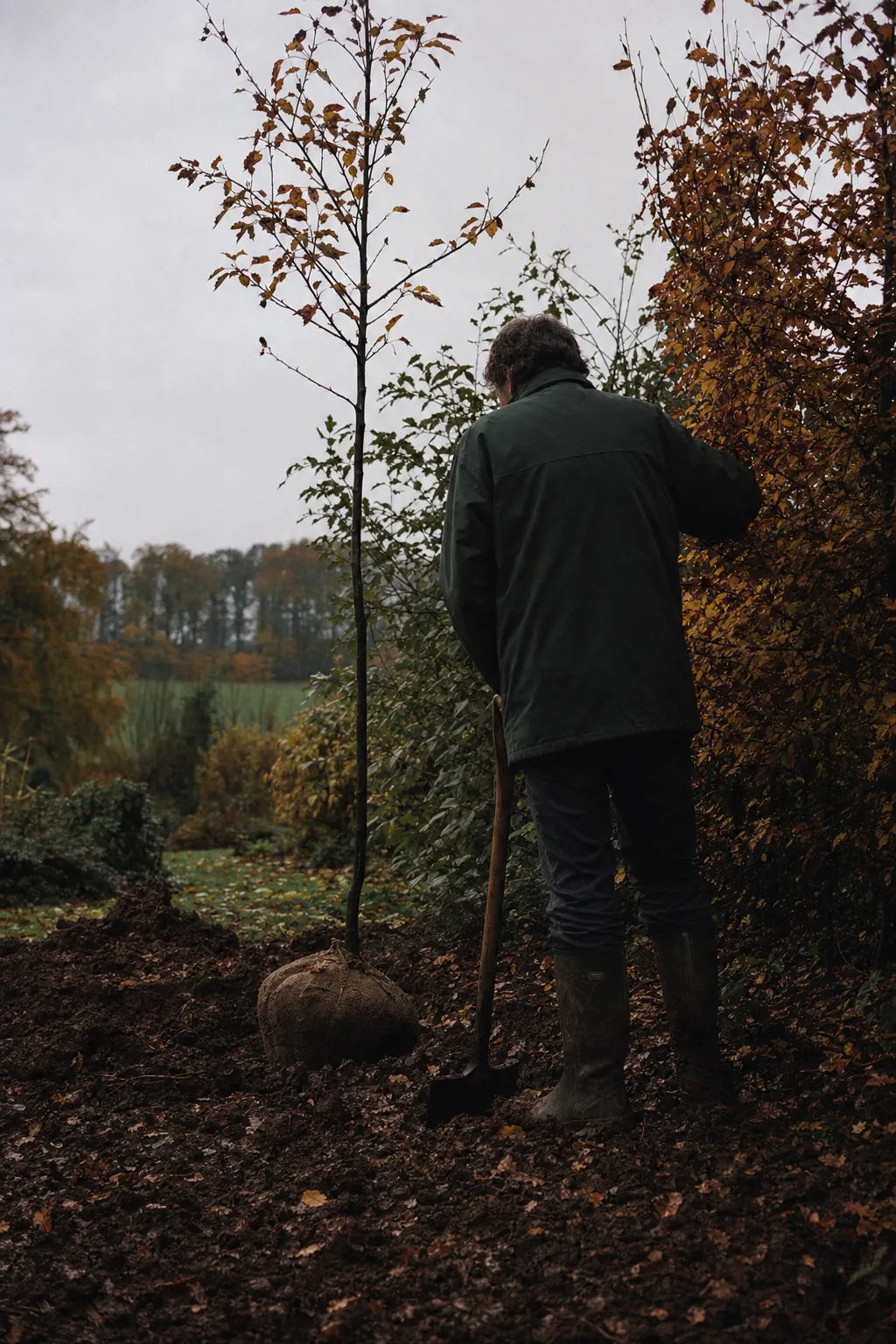 Plantation d’un jeune charme en novembre, motte en toile de jute posée sur la terre retournée