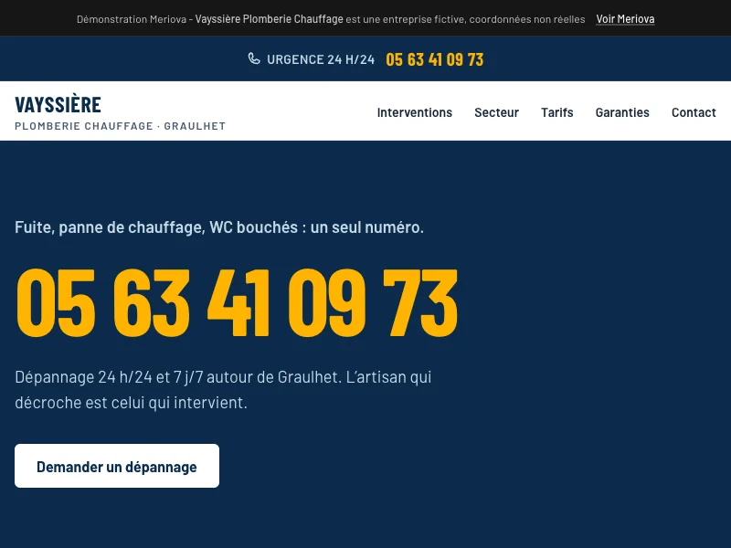 Aperçu du site de démonstration pour un plombier chauffagiste
