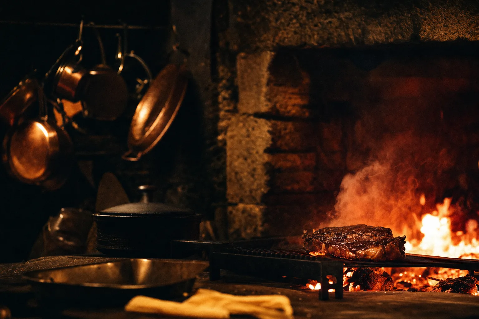 Pièce de viande saisie sur les braises d’un four à bois