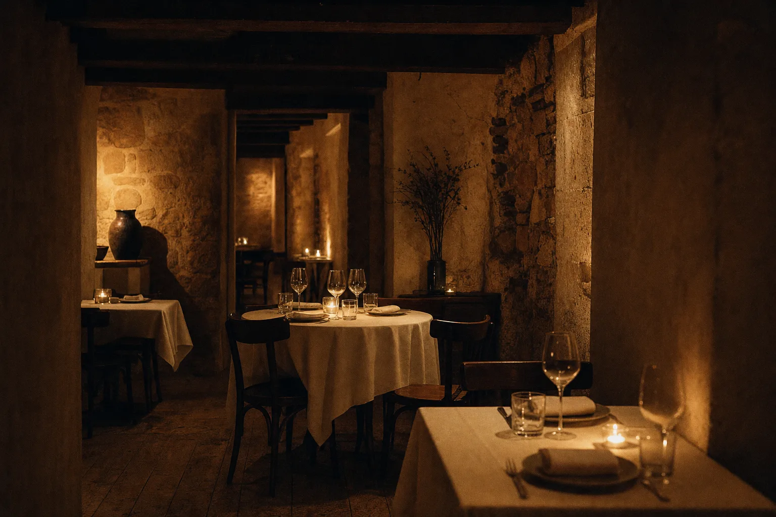 Salle du restaurant à la lueur des bougies