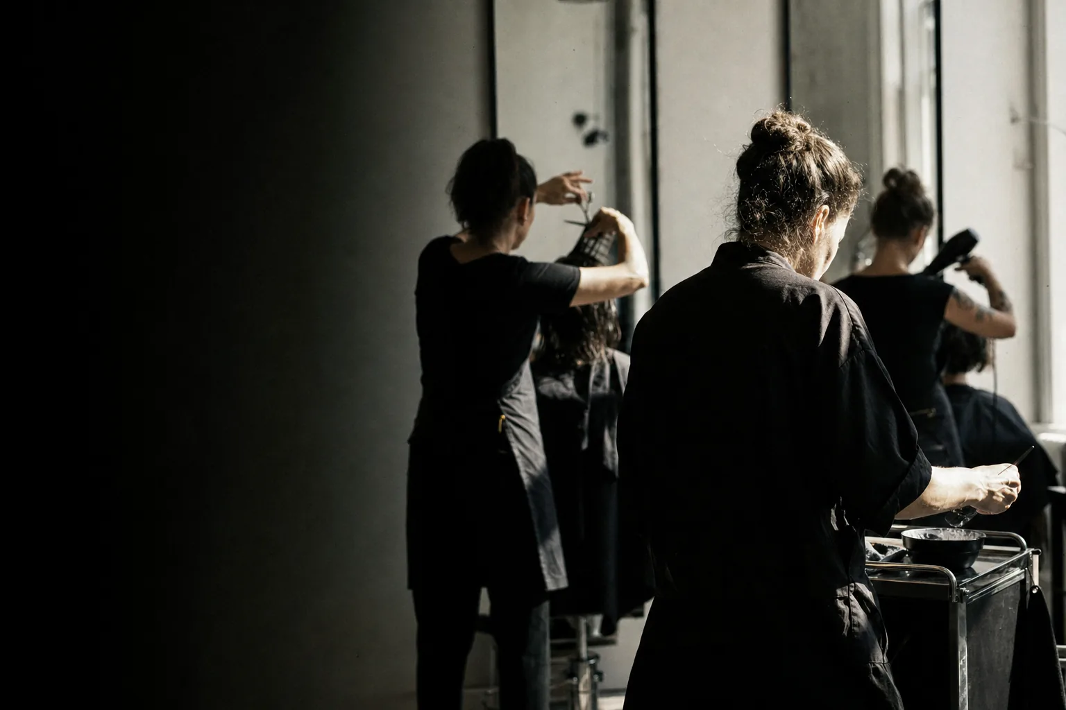 Trois coiffeurs au travail dans le salon, vus de dos