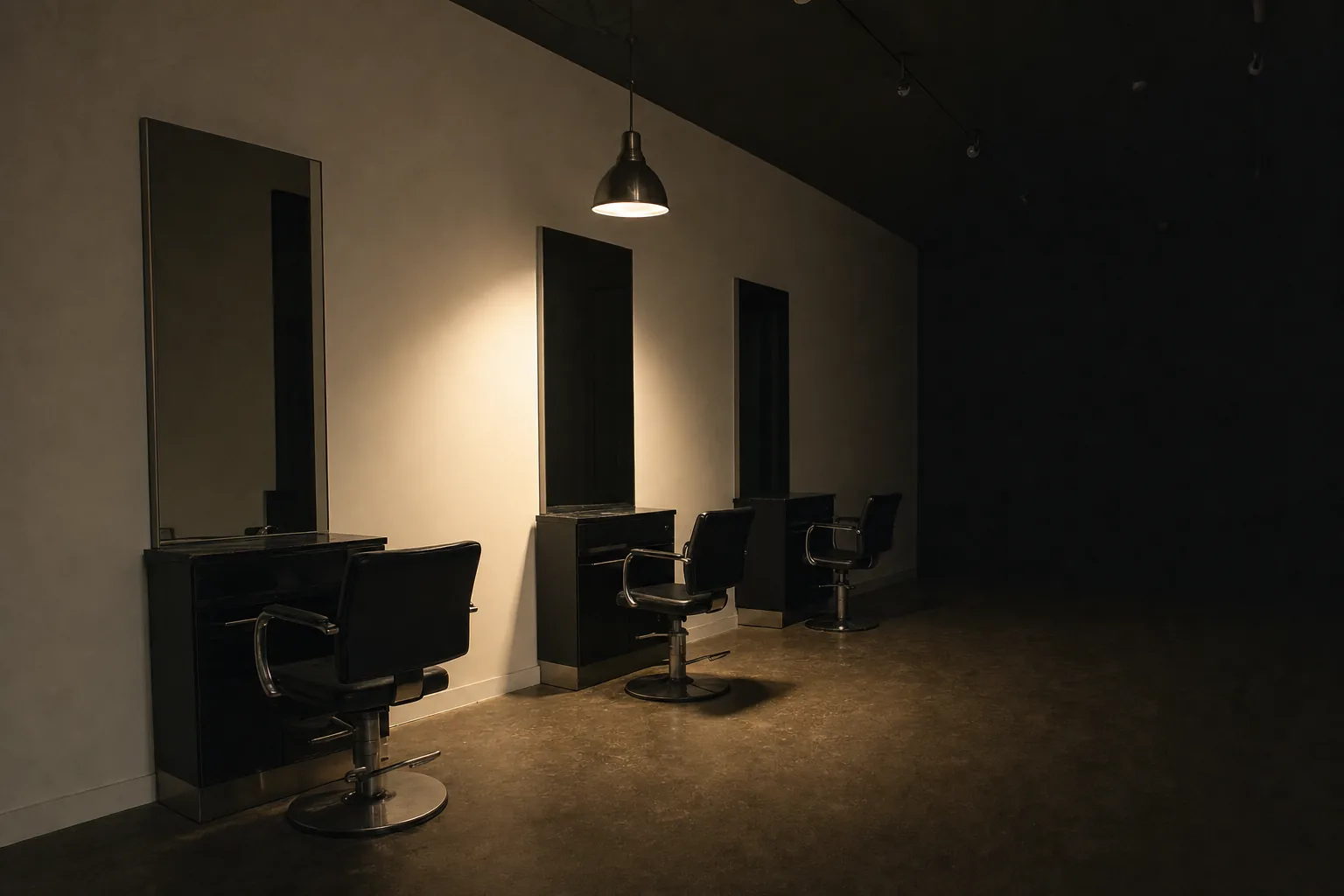 Les trois postes de coiffage du salon, le soir